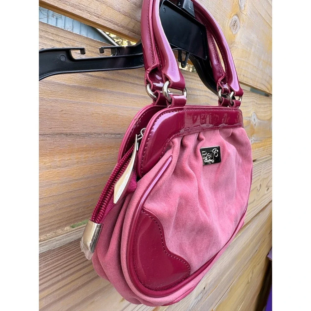 Y2K Beijo Couture Satchel Handbag Mauve Patent Trim Ruched Faux Suede Frame 11in